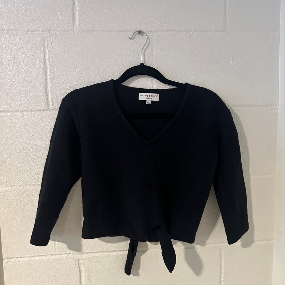 Madewell Textile & Thread Black V-Neck Knit 3/4 Sleeve Tie Front Crop Top XS